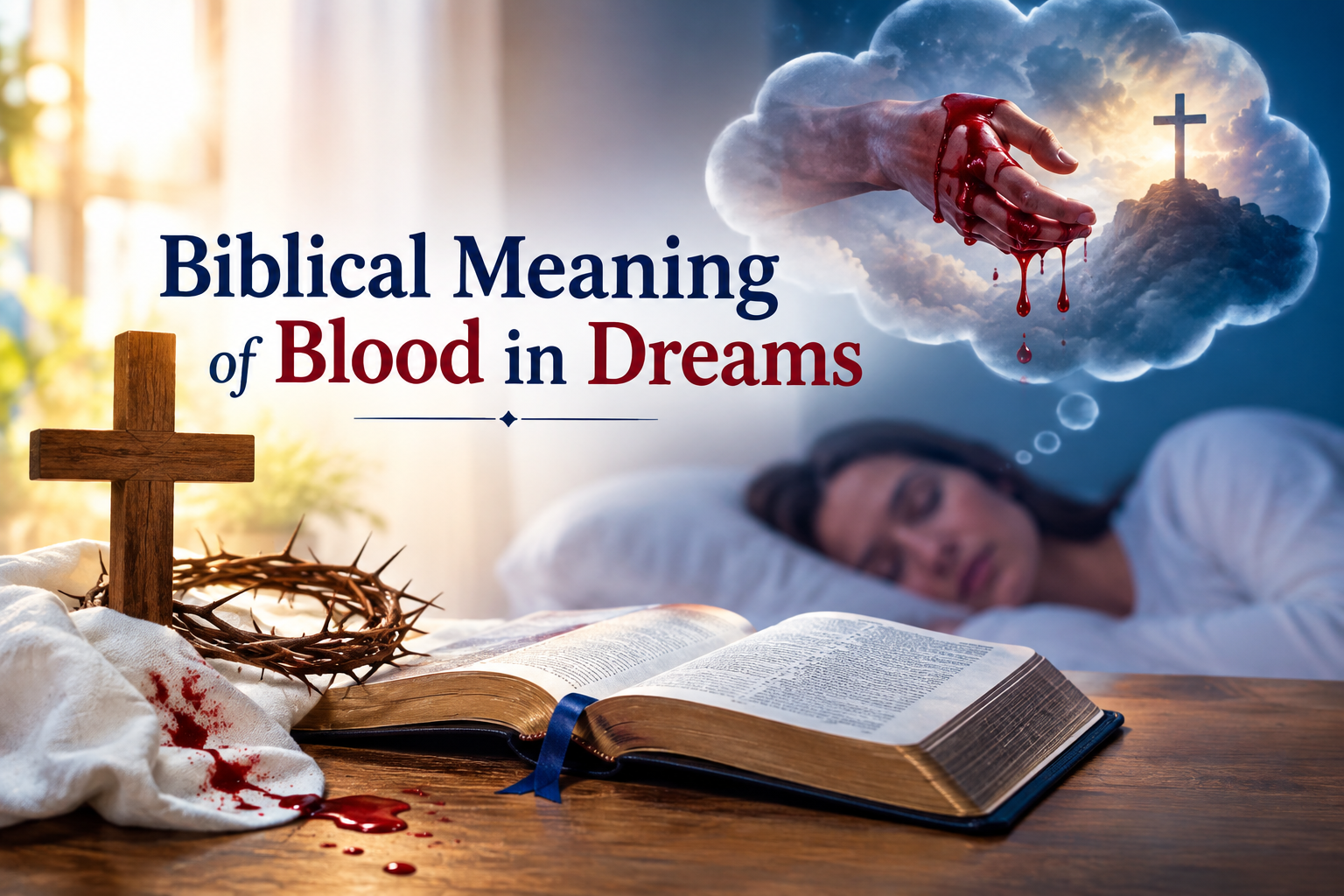 Biblical Meaning of Blood in Dreams featuring an open Bible, wooden cross, crown of thorns, blood stained cloth, and a sleeping person dreaming of a bleeding hand and cross.