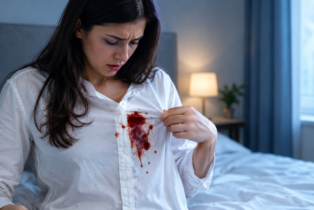 A worried woman looking at blood stains on her white clothes in a dream.