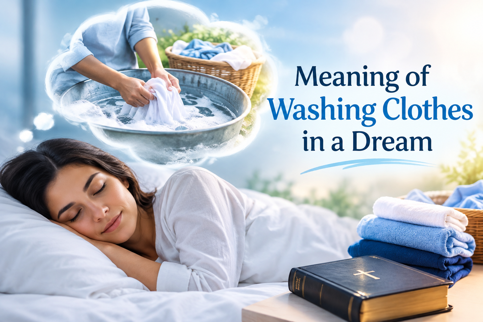 Meaning of Washing Clothes in a Dream showing a woman washing white clothes with clean water and folded blue and white clothing beside a Bible.
