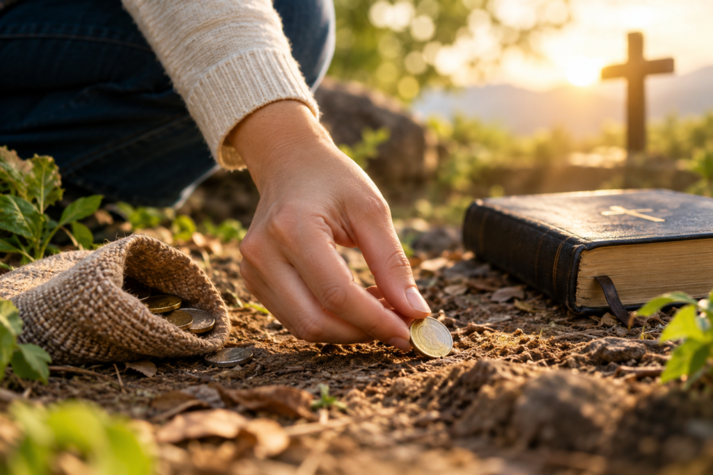Person finding a coin in the soil beside a Bible and coin pouch at sunset.