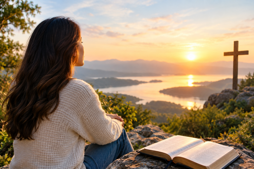 Woman peacefully reflecting beside an open Bible and wooden cross overlooking a sunlit mountain valley.