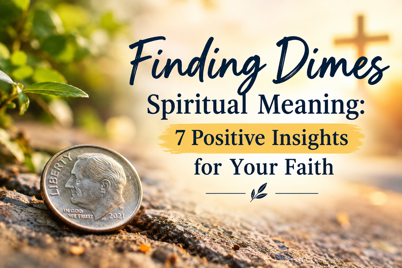 Finding dimes spiritual meaning represented by a dime on a peaceful path with a cross in the background