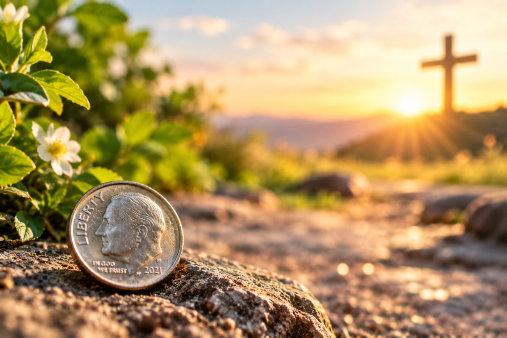 A dime resting on a rock beside green leaves and flowers with a glowing sunset and cross in the background.