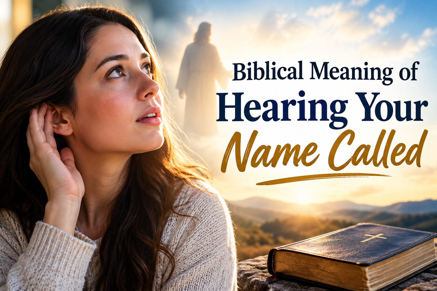 Biblical Meaning of Hearing Your Name Called featuring a woman listening, a glowing biblical scene, and a Bible at sunrise.