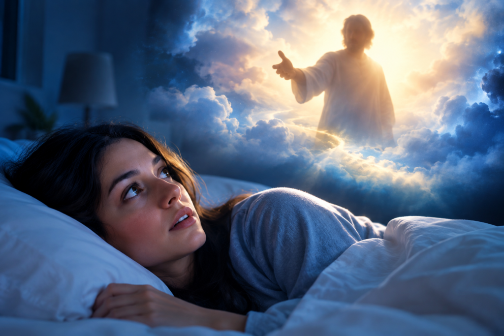 A woman lying awake in bed and looking toward a glowing spiritual figure in the clouds, symbolizing hearing your name called in a dream.