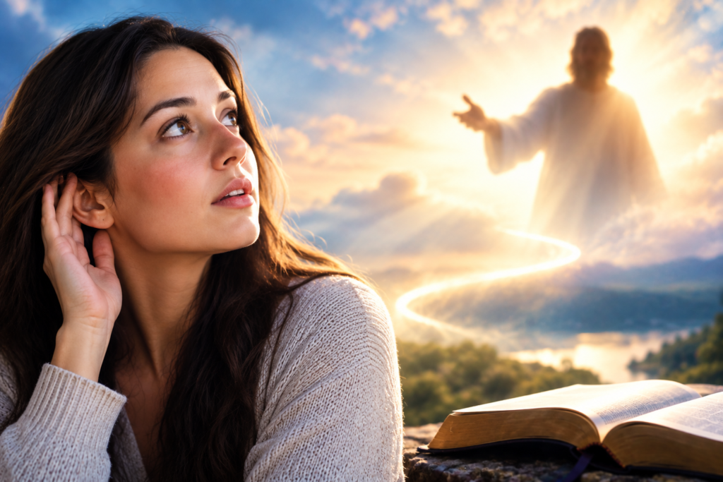 Woman listening attentively while gazing toward a glowing spiritual figure in the sky, symbolizing spiritual awareness and hearing your name called.