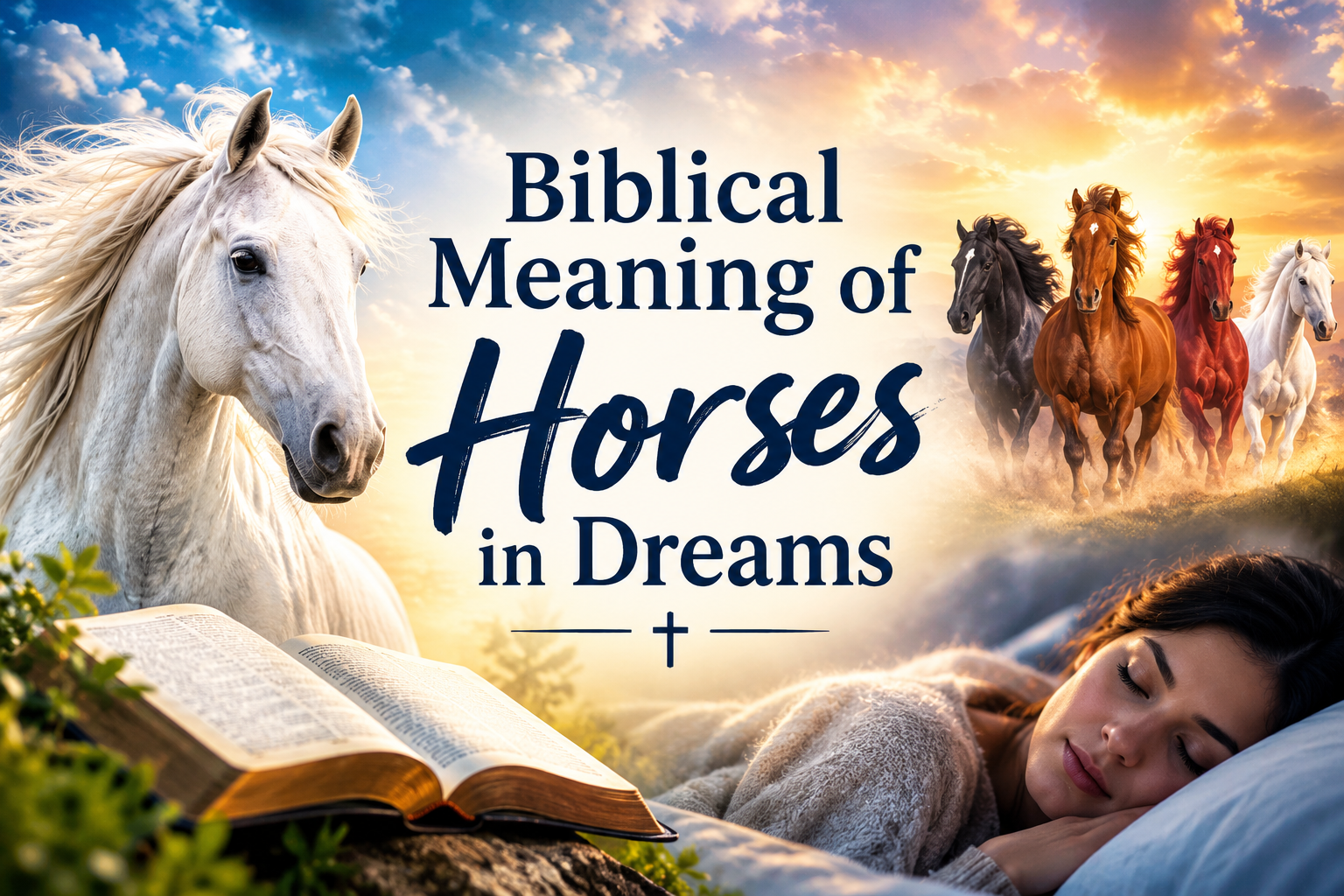 Biblical meaning of horses in dreams featuring a white horse, several horses, an open Bible, and a sleeping woman in a peaceful dreamlike setting.