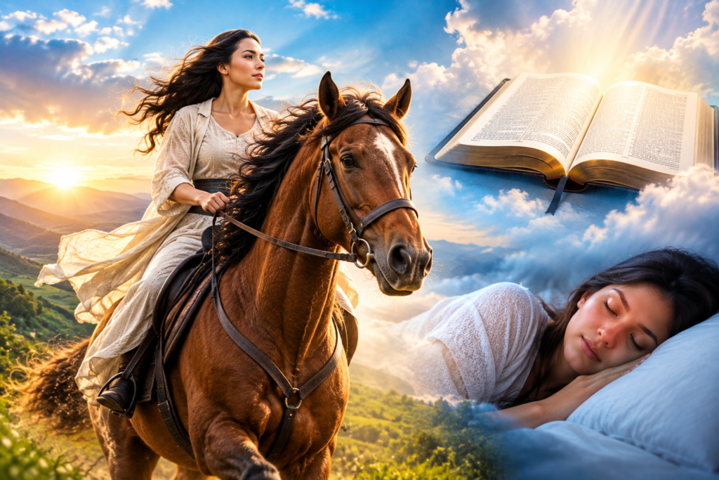 Woman riding a brown horse through a peaceful mountain landscape, with an open Bible and sleeping woman symbolizing the biblical meaning of riding a horse in a dream.