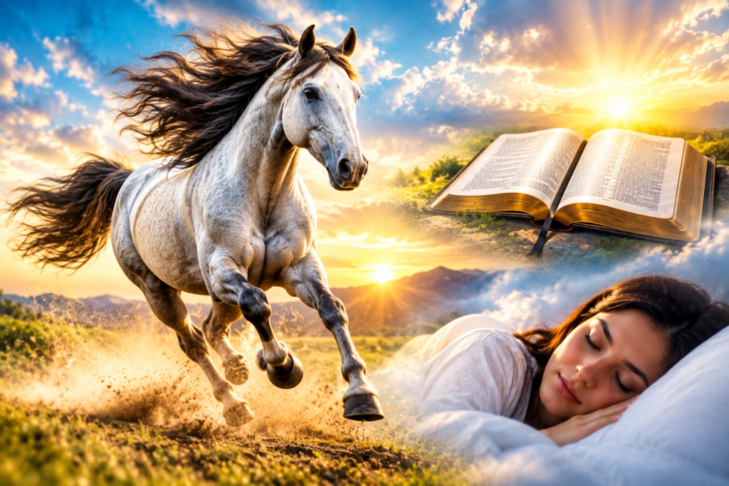 A white horse running through a sunlit landscape with an open Bible and a sleeping woman, symbolizing the biblical meaning of a running horse in a dream.