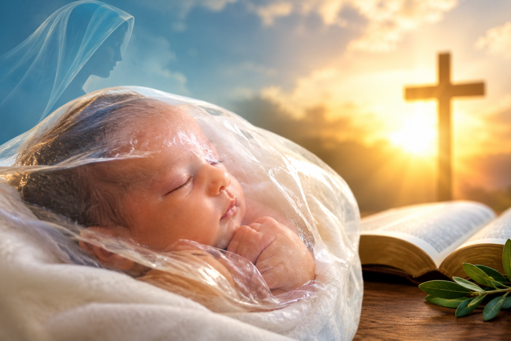 Sleeping newborn baby covered by a translucent veil beside an open Bible, with warm sunlight and a cross in the background.