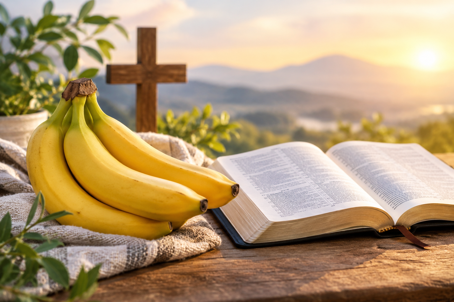 Ripe bananas beside an open Bible and wooden cross in warm sunrise light, symbolizing positive biblical and spiritual dream insights.