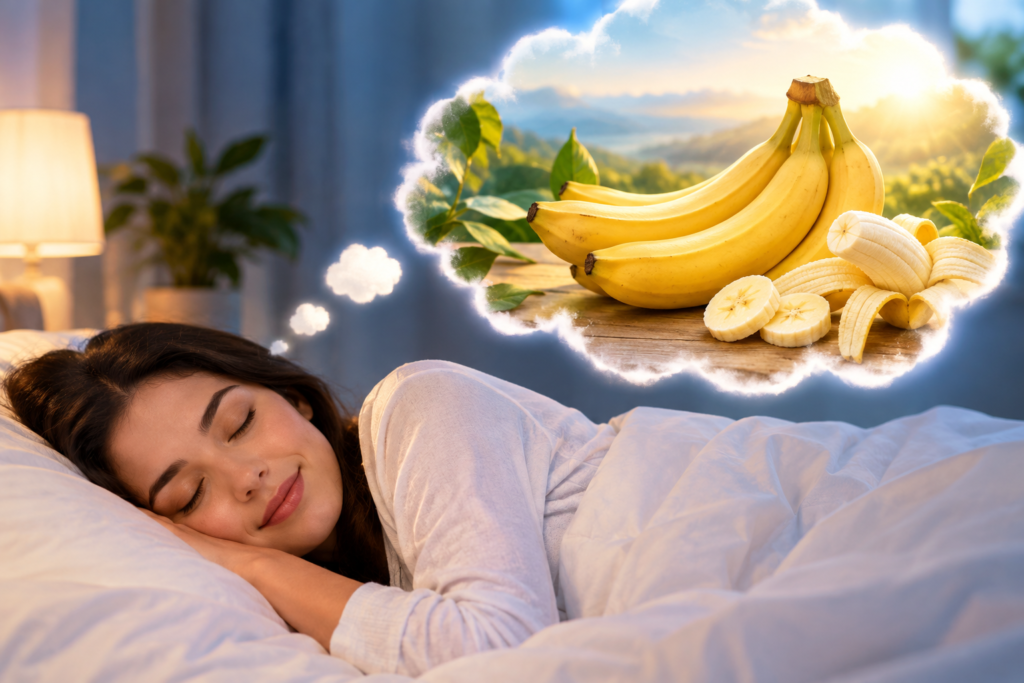 A sleeping woman dreaming of ripe bananas in a peaceful, sunlit landscape.