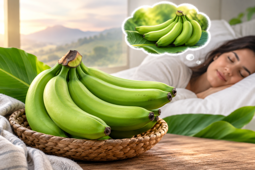 Green bananas in a woven basket beside a sleeping woman dreaming about bananas, symbolizing banana dream meaning and spiritual reflection.
