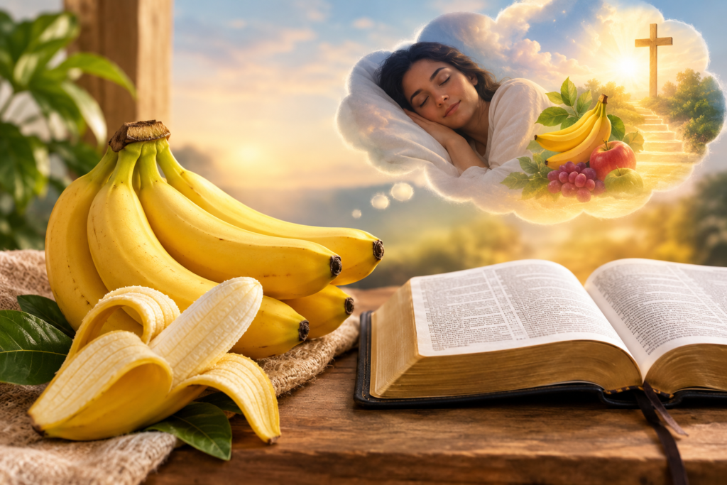 Ripe bananas beside an open Bible with a peaceful dream scene showing fruit, a cross, and a sunlit path.