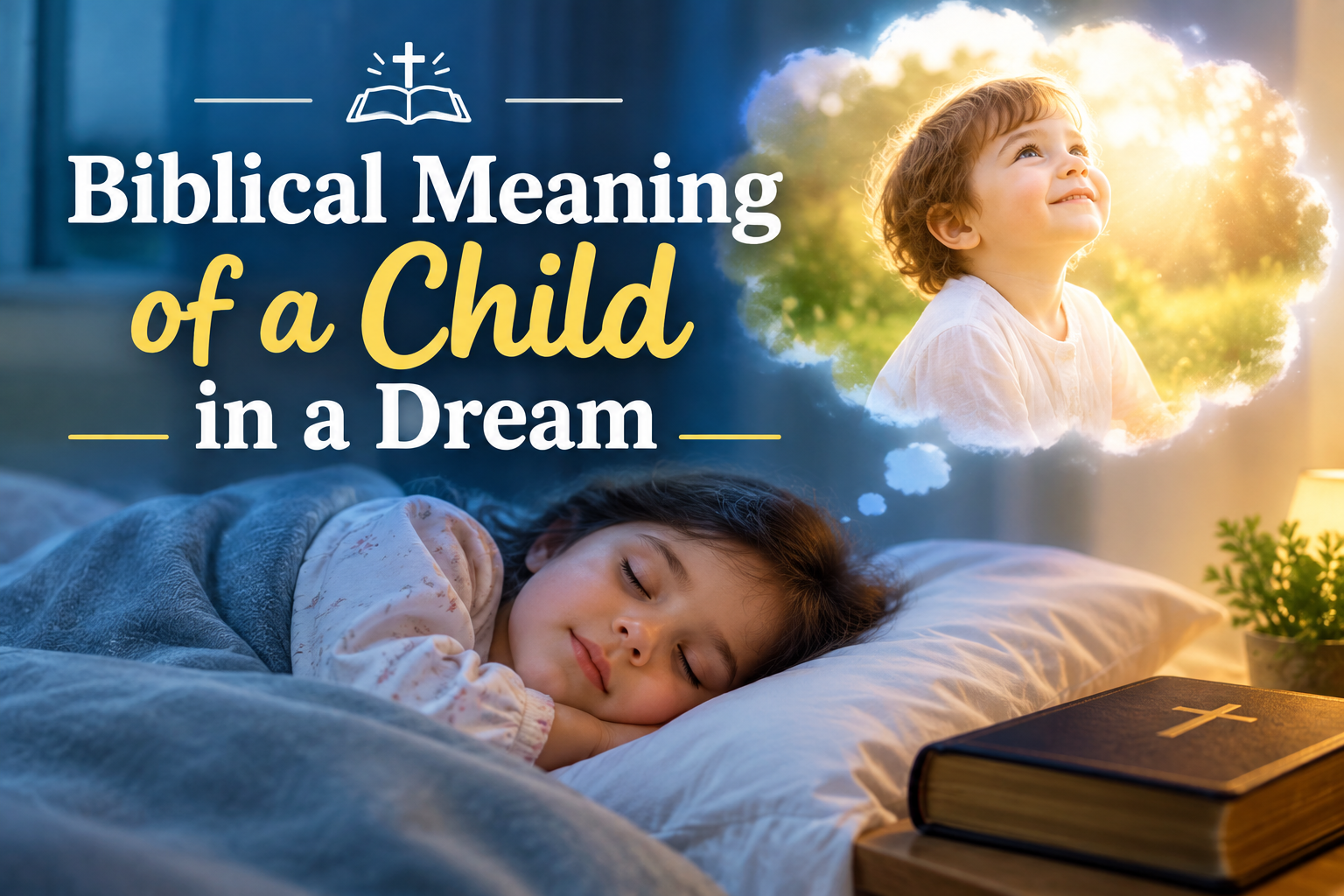 Biblical Meaning of a Child in a Dream with a sleeping child, glowing dream imagery, and a Bible with a cross.