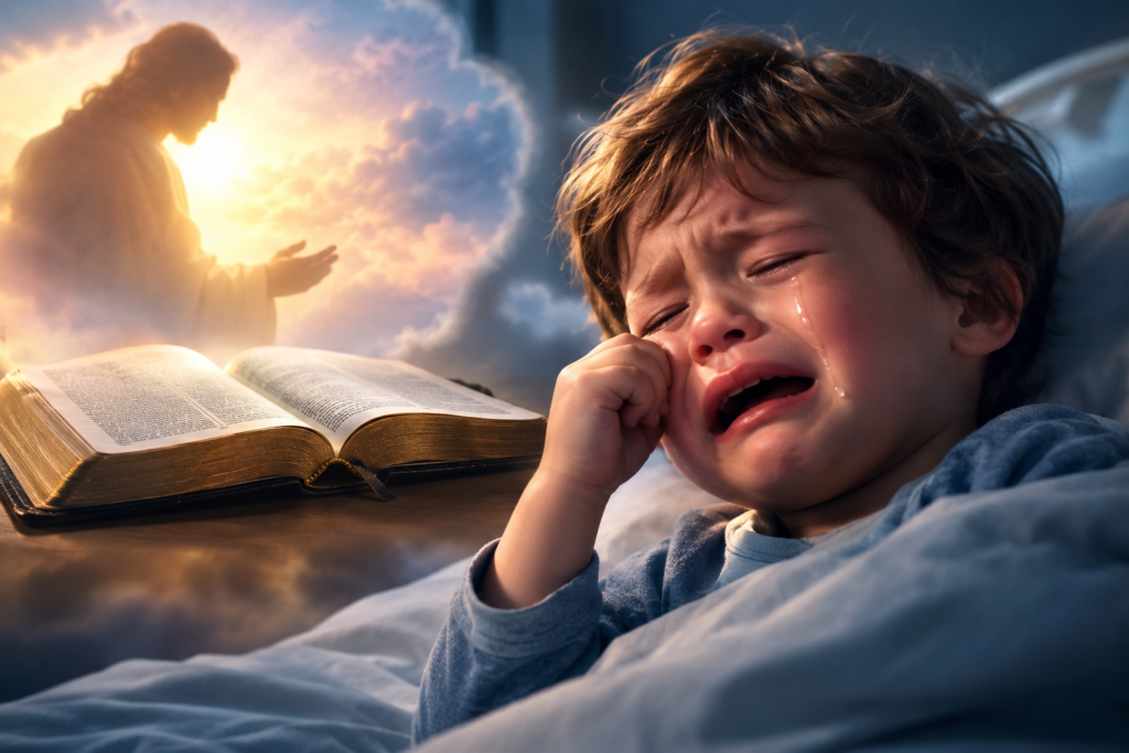 Biblical meaning of a crying child in a dream, with a tearful child beside an open Bible and warm spiritual light.