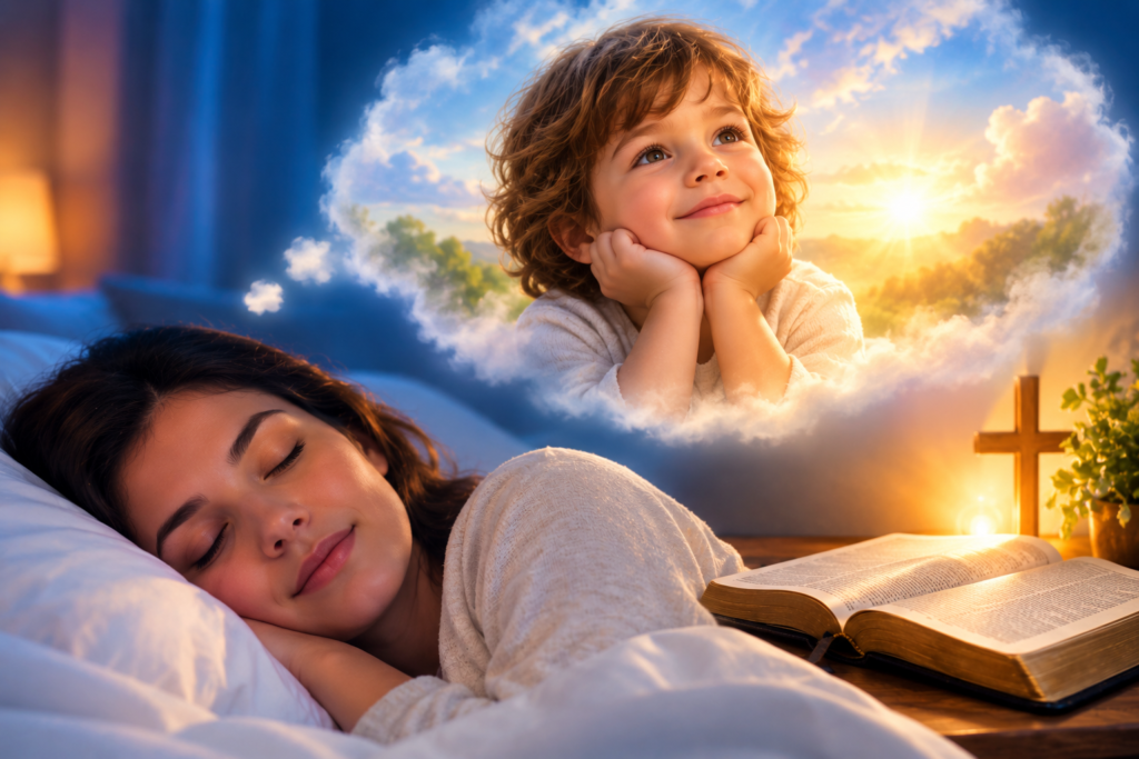 A sleeping woman dreams of a smiling child surrounded by glowing clouds, warm sunlight, an open Bible, and a cross, symbolizing the spiritual meaning of dreaming about a child.
