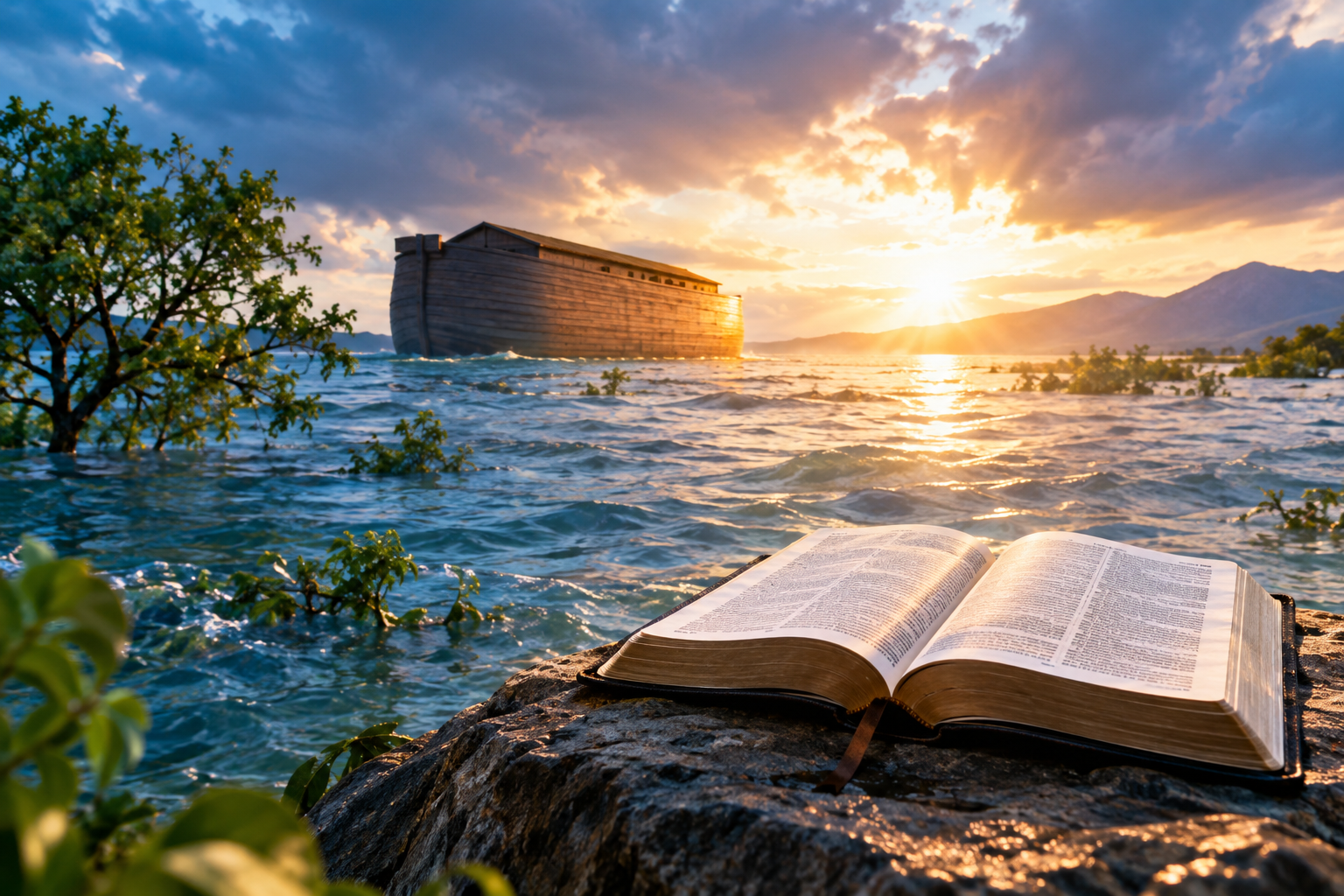 Flood dream meaning with an open Bible beside floodwaters and Noah’s ark under golden heavenly light, symbolizing spiritual renewal, protection, and hope.