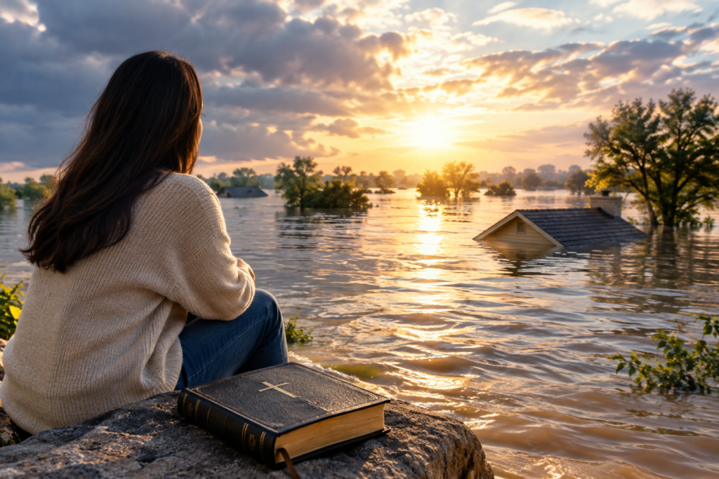 Flooded landscape at sunrise with a woman reflecting beside a Bible, symbolizing spiritual meaning and emotional renewal in dreams.