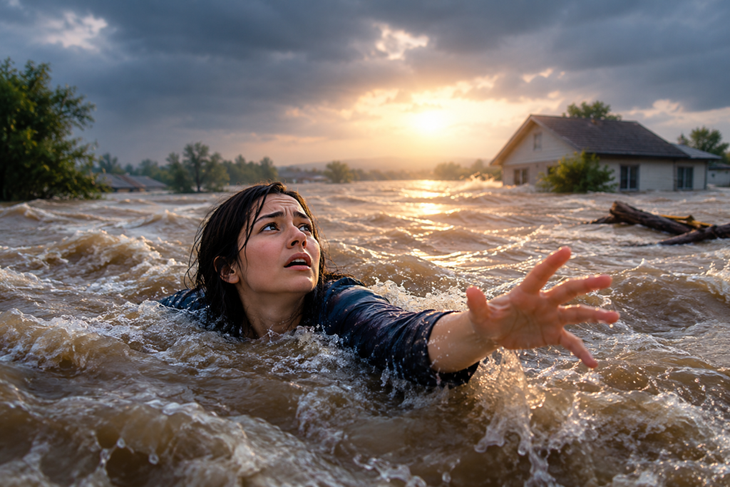 A person being swept away by powerful flood waters with submerged houses and stormy skies in the background.