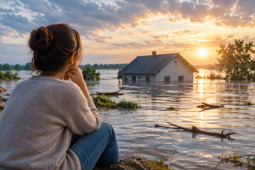 Woman reflecting beside a flooded landscape with a partially submerged house at sunset, symbolizing the emotional and spiritual meaning of flood dreams.