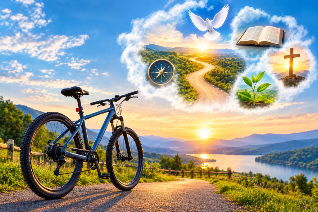 Mountain bike on a scenic road at sunrise with a glowing spiritual dream scene featuring a Bible, cross, dove, compass, winding path, and green plant.