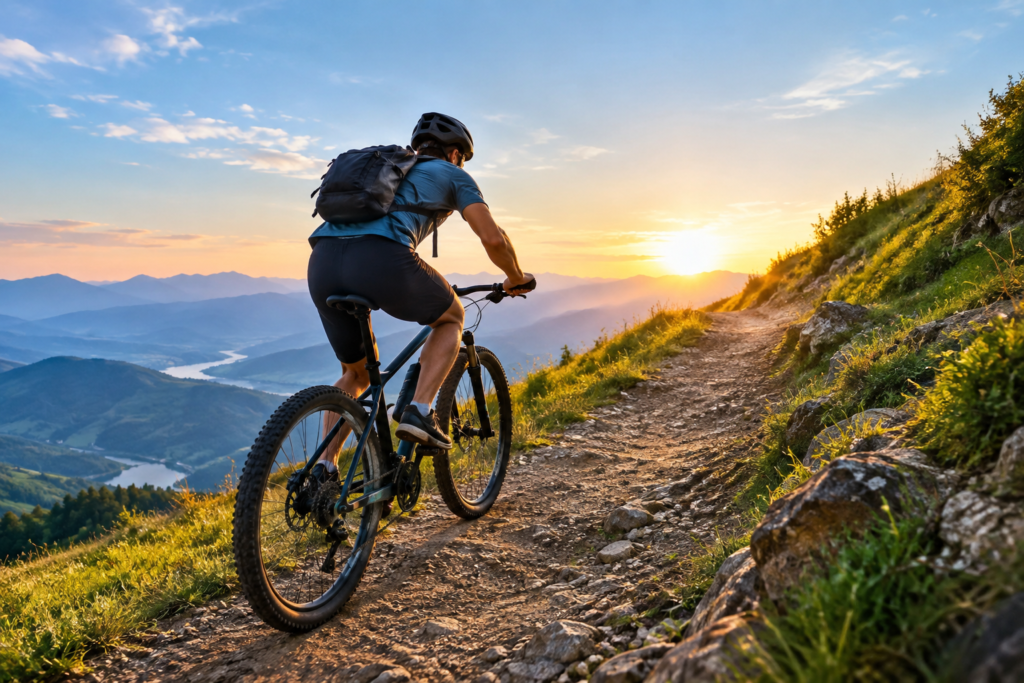 Cyclist riding a mountain bike uphill on a scenic trail at sunset with mountains and a valley in the background.