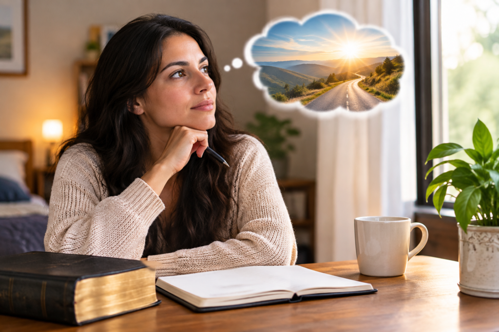 Woman reflecting in a quiet room with an open journal and Bible beside her, imagining a peaceful sunlit road through the mountains.