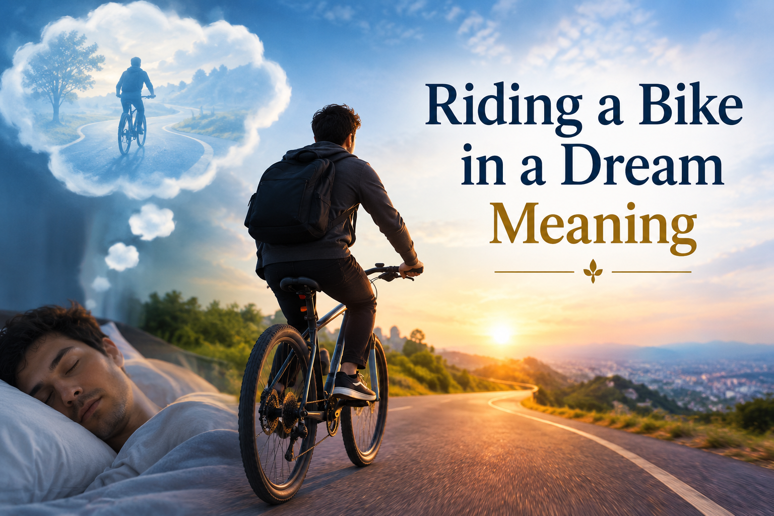 Riding a bike in a dream, with a cyclist traveling along a scenic road at sunrise and a sleeping man dreaming in the foreground.