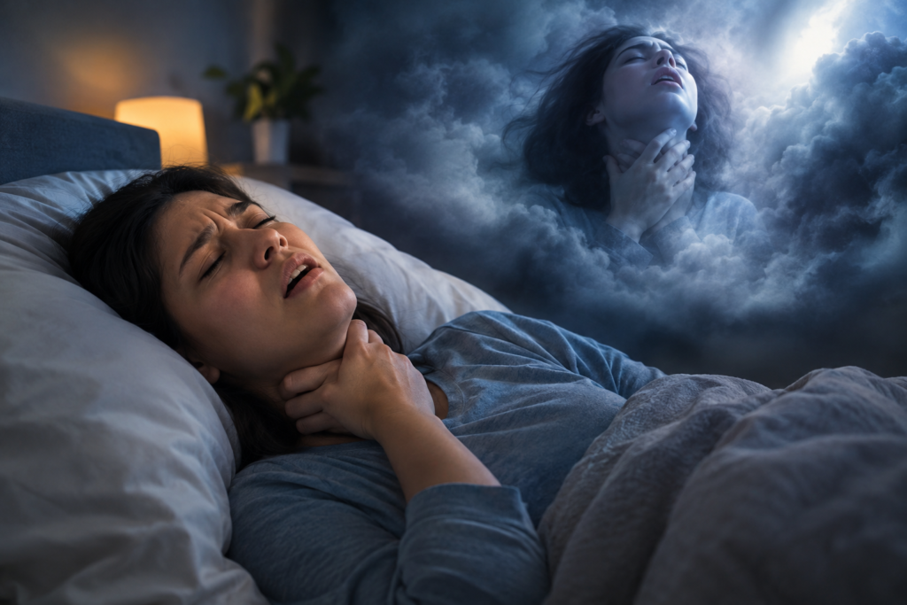 Dreaming about not being able to breathe in a dark bedroom with a distressed woman.