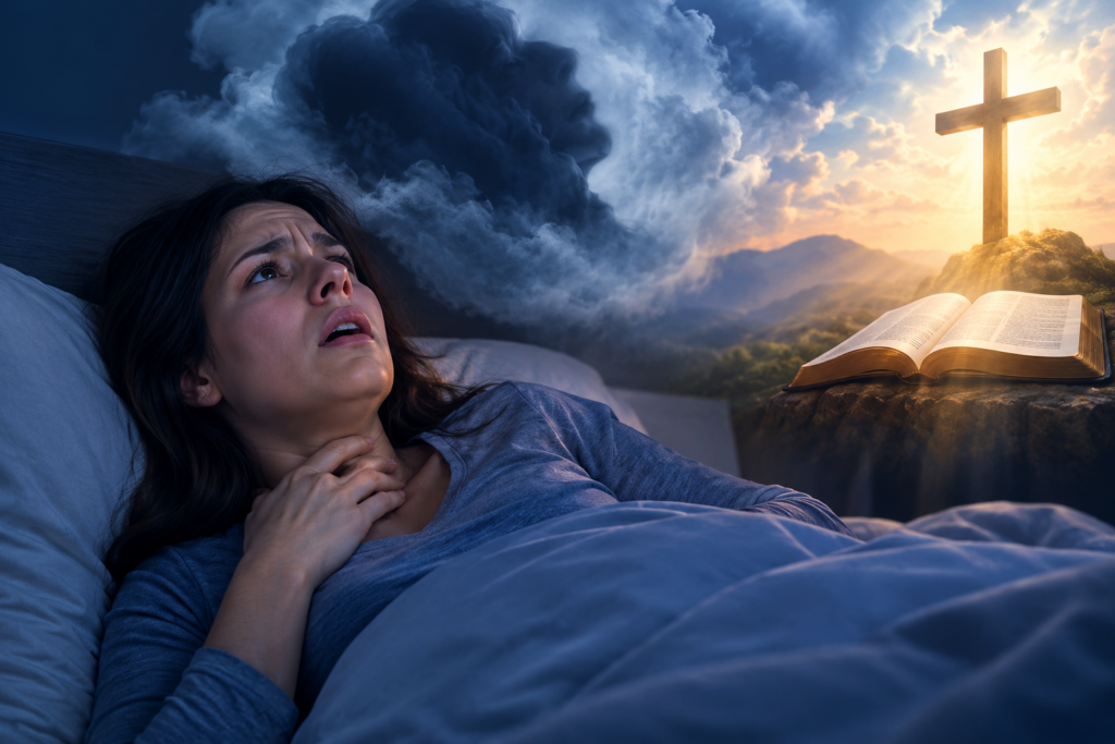 Woman struggling to breathe in a dream with dark clouds, an open Bible, and a glowing cross symbolizing faith and hope.
