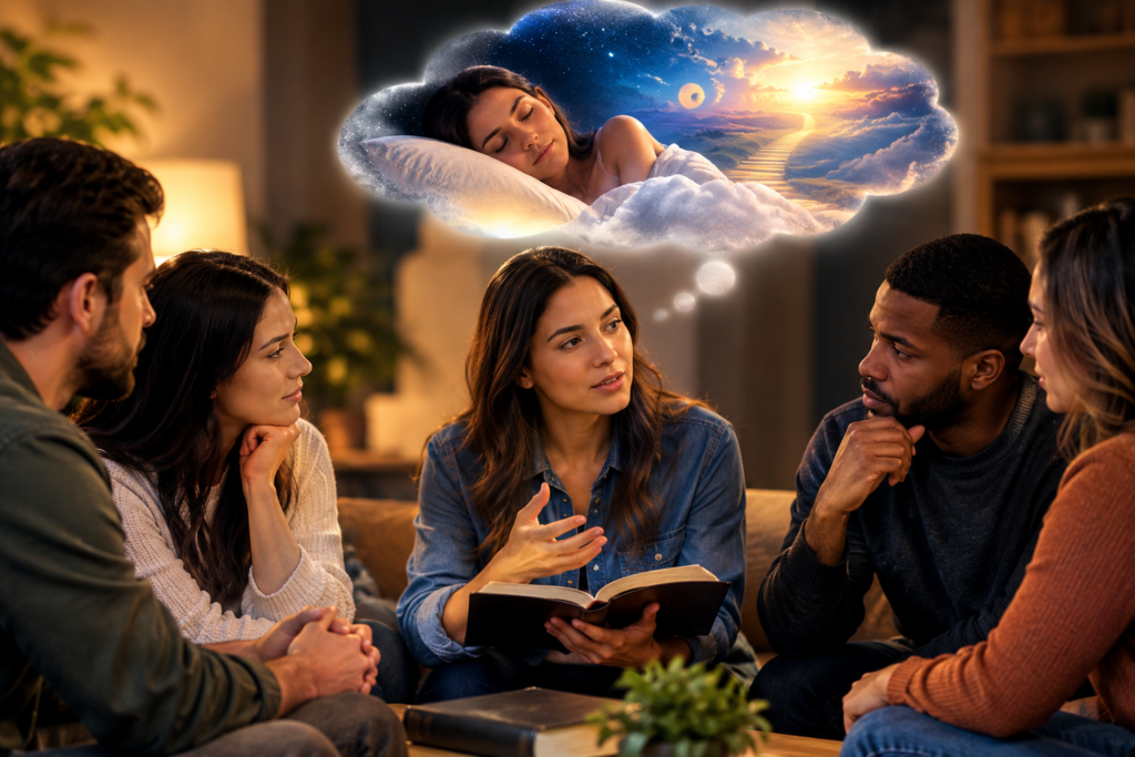 Group of people discussing a meaningful dream together with a Bible, while a peaceful dream scene appears above them.