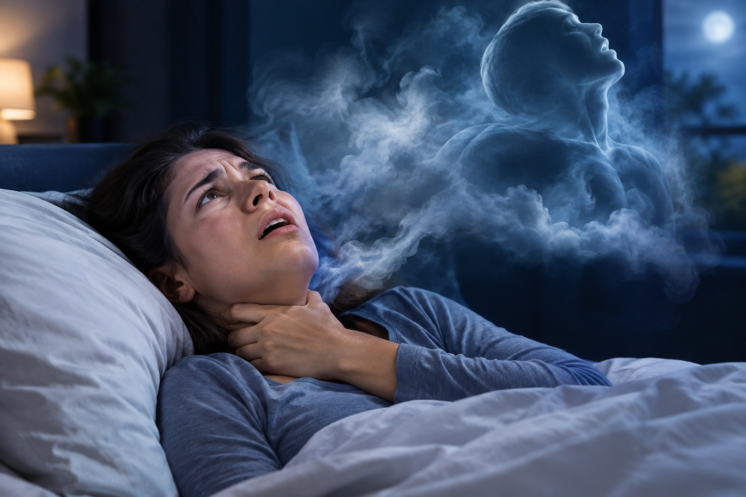 A woman lying in bed struggling to breathe, surrounded by swirling mist and a ghostly figure in a dark, moonlit bedroom.