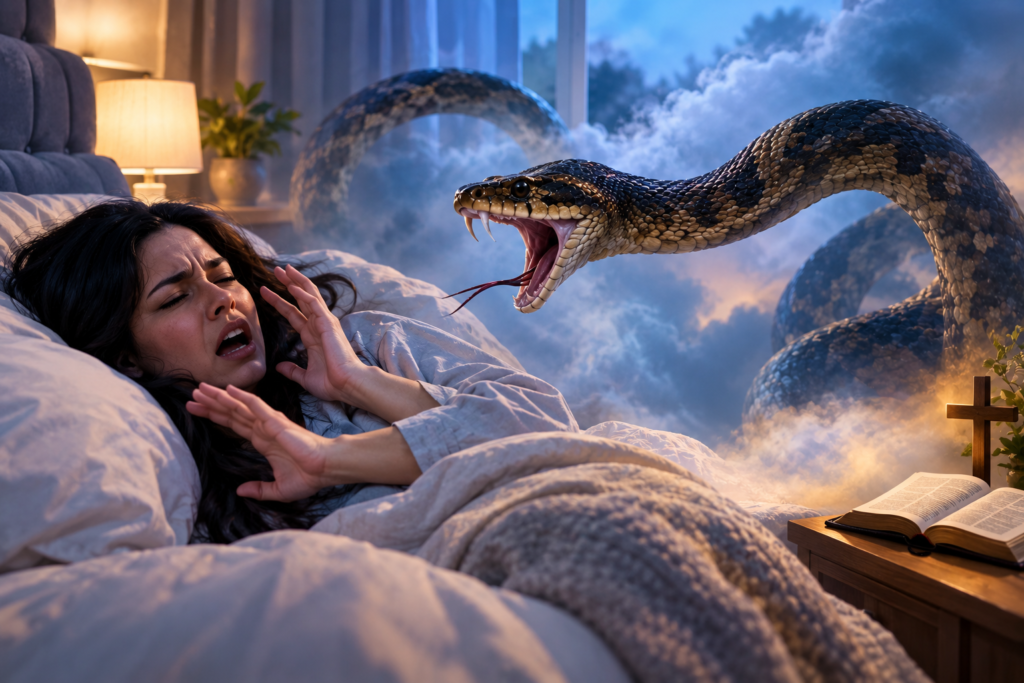 Terrified woman recoiling in bed as a large snake attacks in a surreal dream scene with an open Bible and cross nearby.