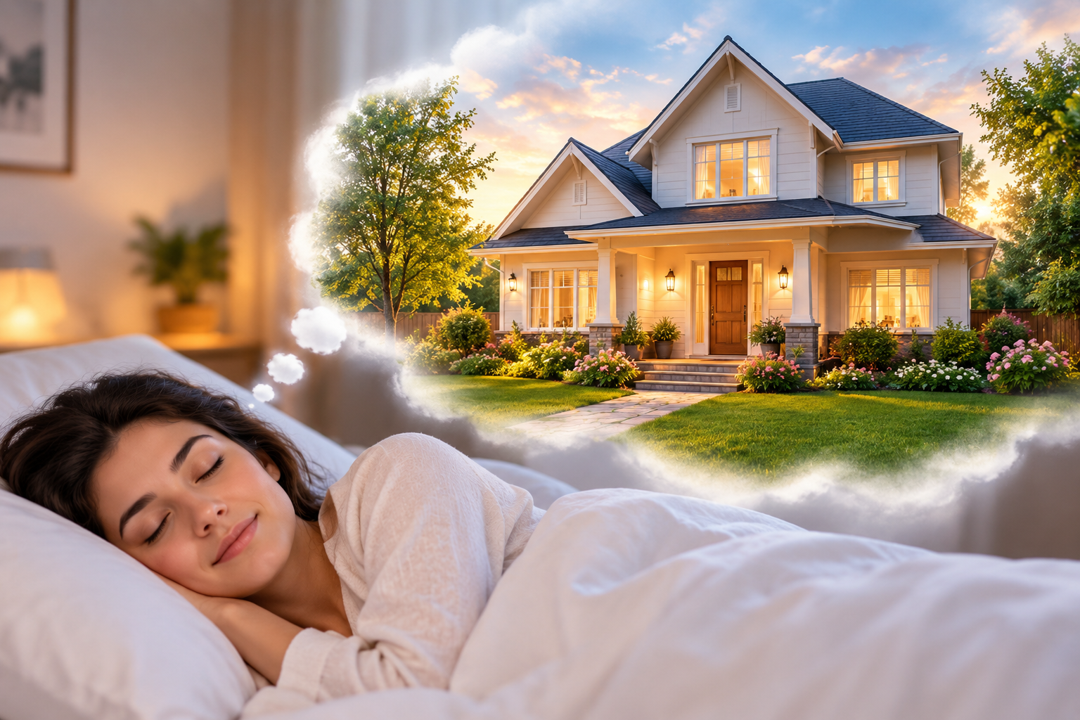 House dream meaning represented by a peaceful woman sleeping and dreaming of a beautiful, warmly lit house surrounded by a garden.
