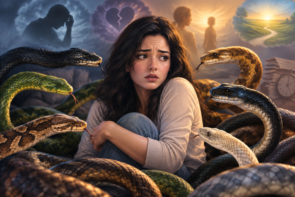 Multiple snakes surrounding a worried woman in a dreamlike scene, symbolizing fear, conflict, anxiety, and spiritual reflection.