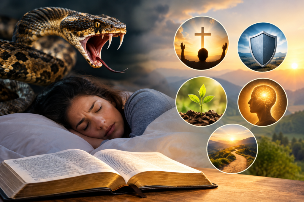 Snake attack dream with a sleeping woman, open Bible, cross, shield, growing plant, wisdom symbol, and hopeful path representing biblical spiritual lessons.