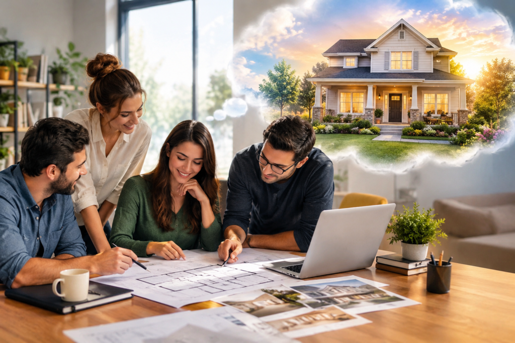 People working together on house plans and a laptop while imagining a beautiful future home.