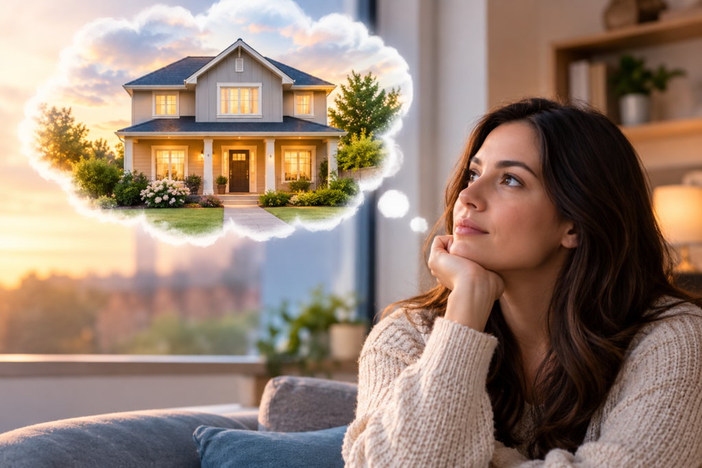 Woman reflecting on a house dream while imagining a warm, welcoming home.