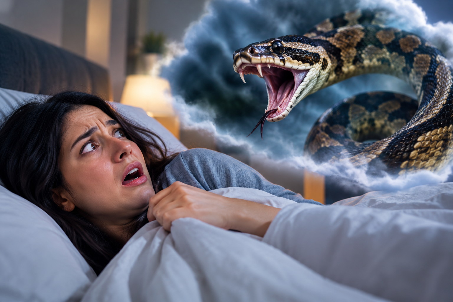 Terrified woman in bed facing a large attacking snake in a dramatic dreamlike scene.