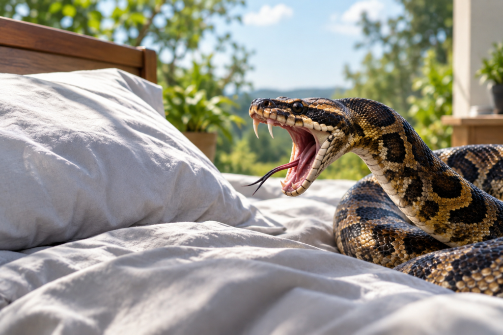 Large snake attacking a bed in daylight, symbolizing the meaning of dreaming about snakes attacking.