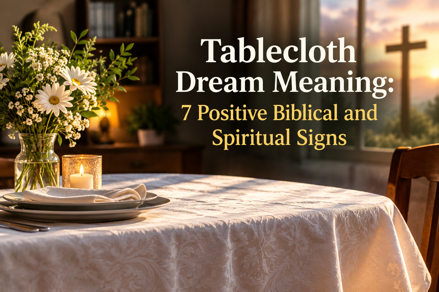 Tablecloth Dream Meaning with a peaceful table covered by a white tablecloth, flowers, candle, and warm spiritual setting.
