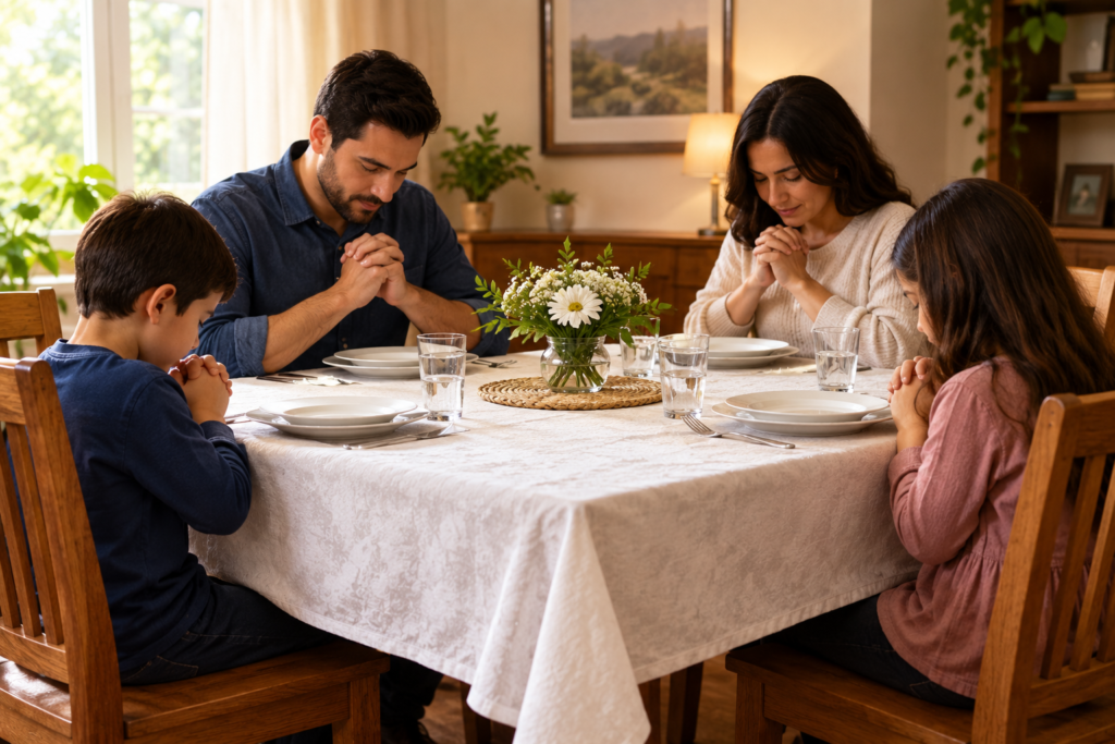 Family praying together around a dining table covered with a white tablecloth.