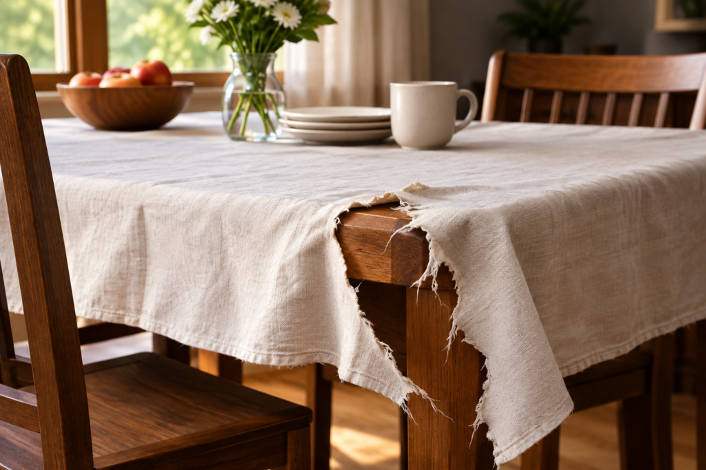 Torn white tablecloth draped over a wooden dining table in a warmly lit room, symbolizing torn tablecloth dream meaning.