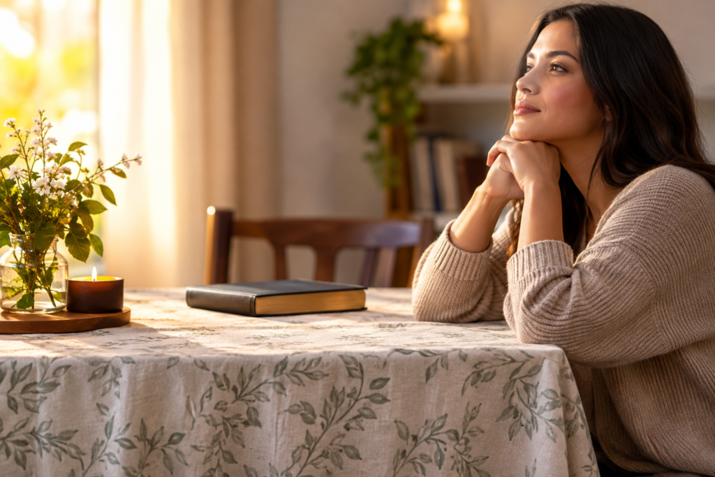 Thoughtful woman sitting at a table with a floral tablecloth, candle, flowers, and a journal in a peaceful sunlit room, symbolizing reflection on tablecloth dream meaning.
