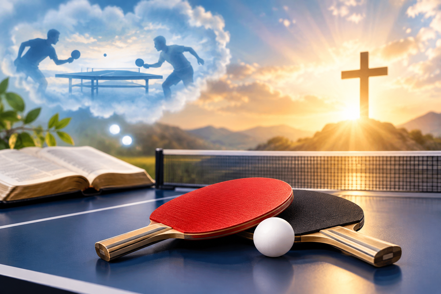 Table tennis dream meaning with paddles, a white ball, open Bible, sunrise, and cross symbolizing spiritual insight and reflection.