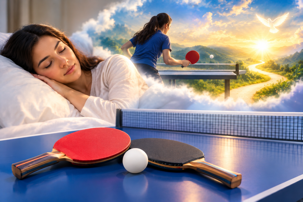 Spiritual meaning of table tennis in a dream, symbolized by a sleeping woman, table tennis paddles, a glowing sunrise, and a peaceful dreamscape.