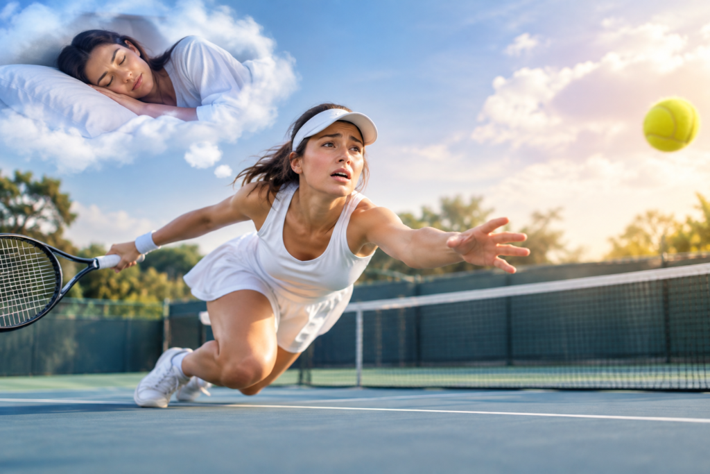 Woman reaching for a tennis ball she missed during a dream on a sunny tennis court.