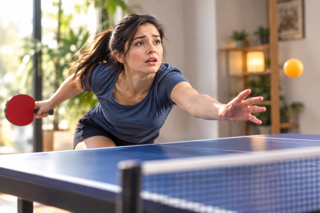 Woman reaching for a table tennis ball she missed during an indoor game.