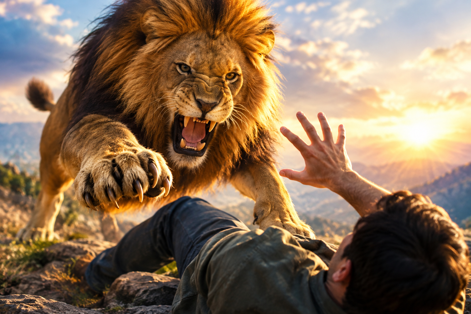 Lion attacking a person in a dramatic dreamlike landscape at sunset, symbolizing spiritual challenges, courage, and inner strength.